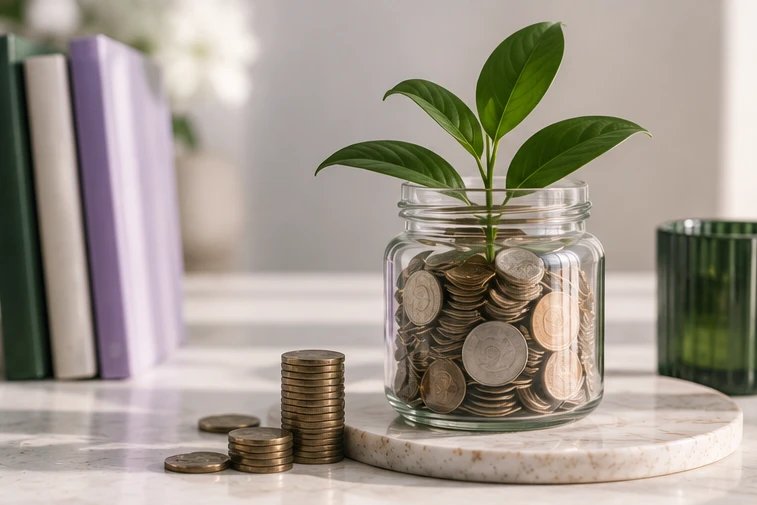 A glass jar of coins with a small plant growing from it, next to stacked coins and books