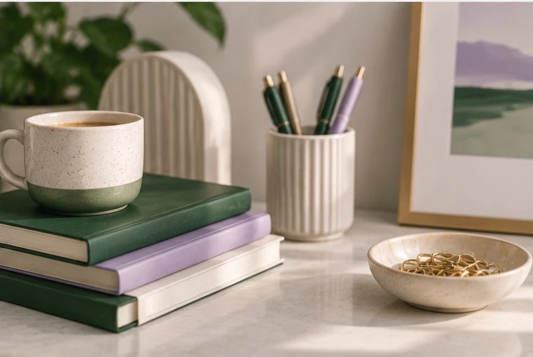 A cozy desk corner with coffee, books, pens, and a framed print