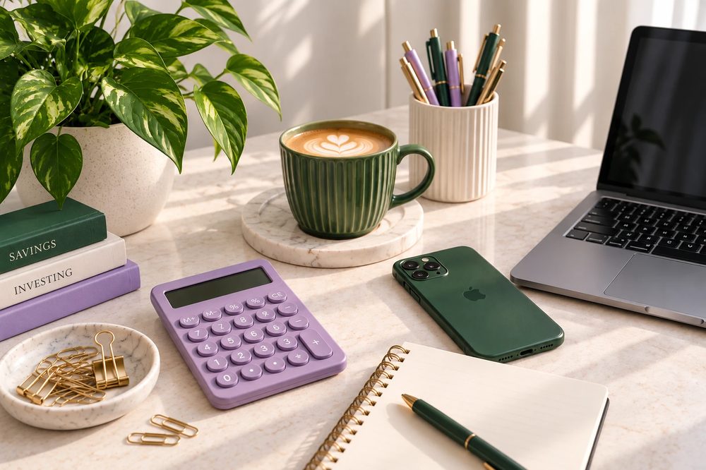 A desk with a calculator, coffee, a laptop, and books on savings and investing
